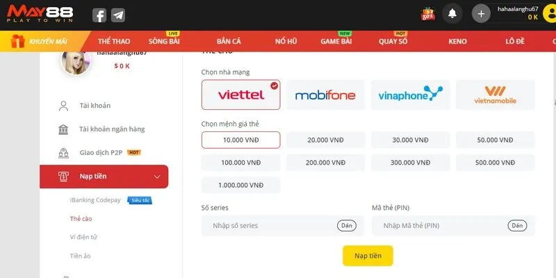 Nạp qua thẻ cào hợp với bet thủ không có ví điện tử hoặc tài khoản ngân hàng